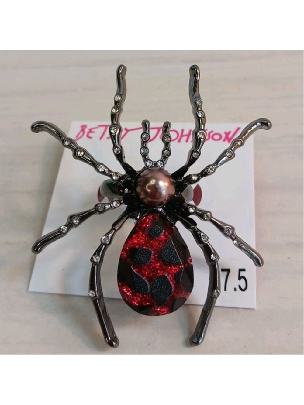 Betsey Johnson Black & Red Spider Ring Rhinestones 7.5 Statement Whimsigoth